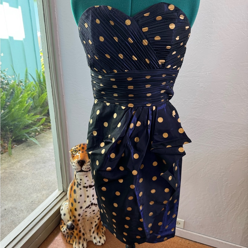 Vintage 80’s Midnight Blue and Gold Polka Dot Dress